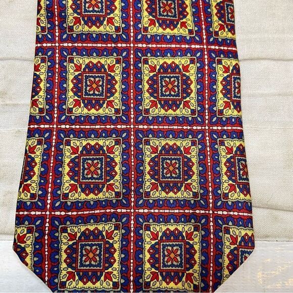 Men’s‎ Sisabang 100% Silk Neck Tie Yellow, Blue and Res - Picture 8 of 8